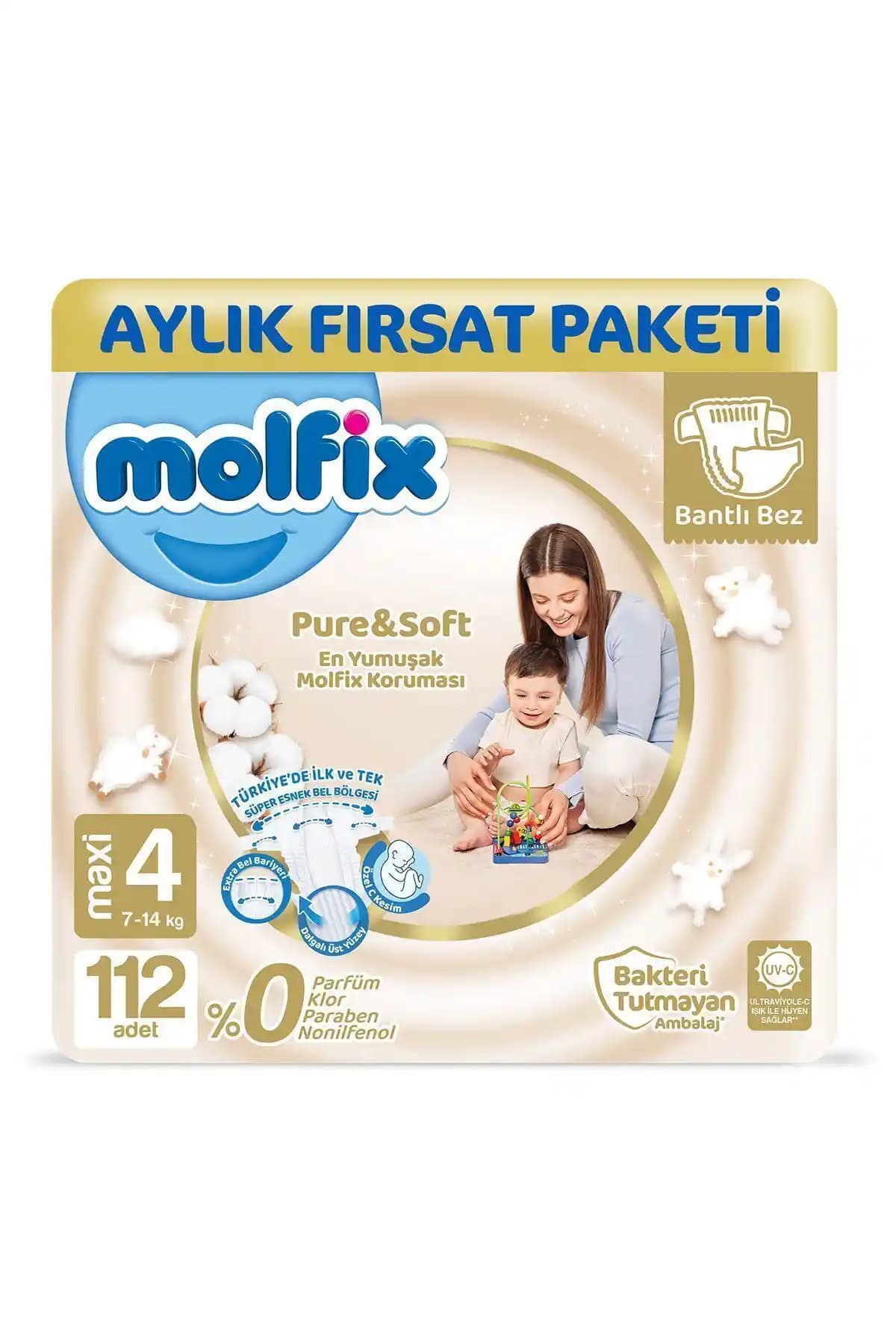 Molfix Pure&Soft 4 Beden Maxi Aylık Fırsat Paketi: 112 Adet, Hassas Cilt Güvenliği
