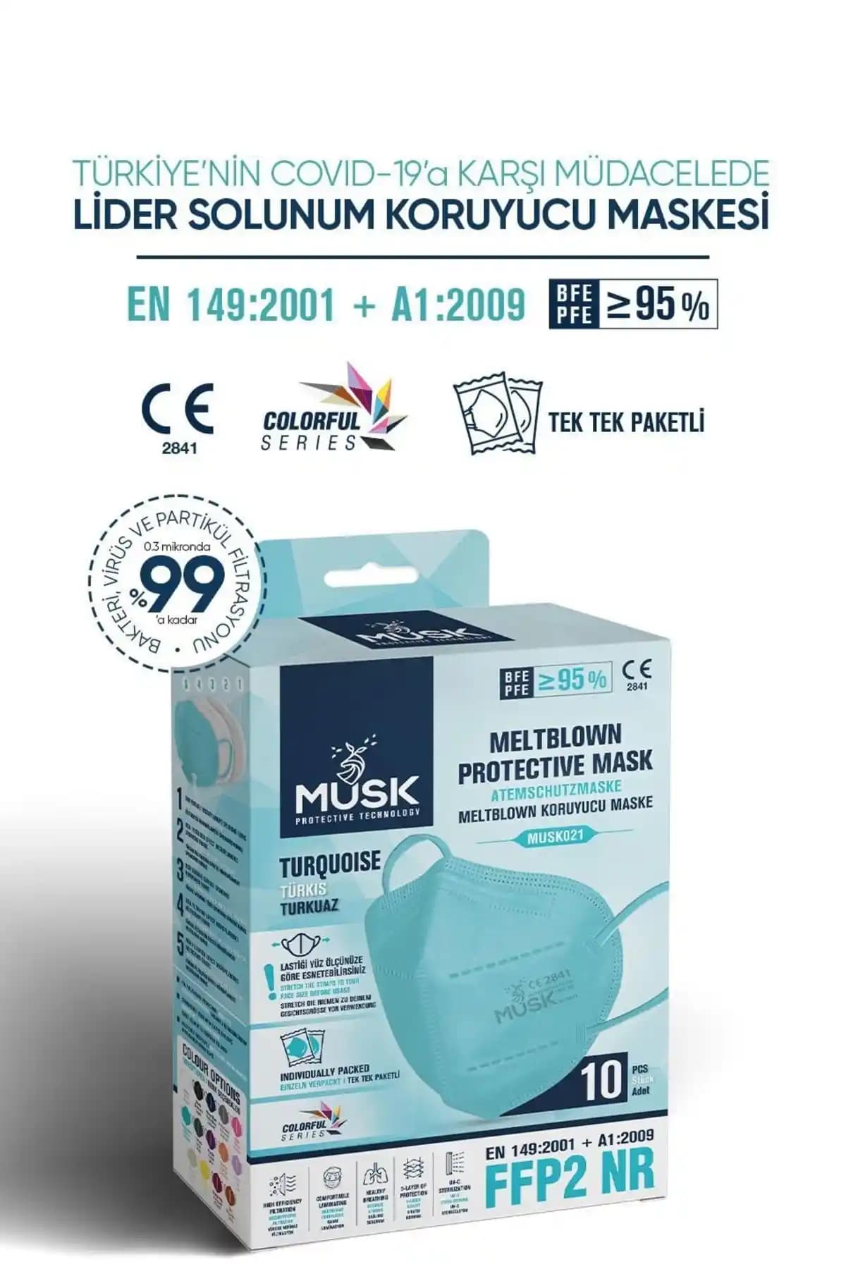 Musk FFP2 Maske Turkuaz Renk – 10 Adetlik 5 Katmanlı, EN 149:2001+A1:2009 Sertifikalı
