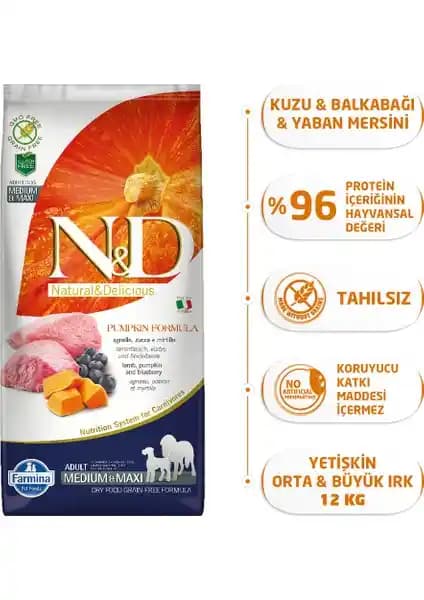 N&D Pumpkin Tahılsız Bal Kabaklı Kuzu Etli Yaban Mersinli Orta Büyük Irk Köpek Maması 12kg
