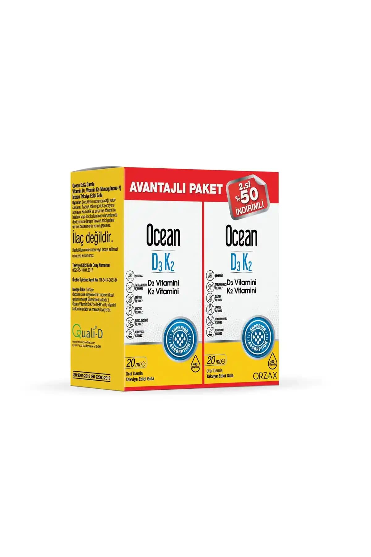 Ocean Orzax D3K2 Damla 20 ml Çift Şişe Seti: D3 ve K2 İçeren Sıvı Takviye