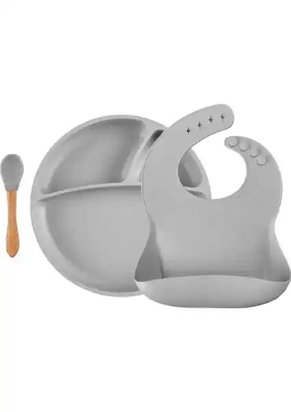 OiOi OİOİ Bebek BLW Beslenme Seti: Silikon Bölmeli Tabak, Kaşık ve Önlük, 6 Ay+, 300 ml