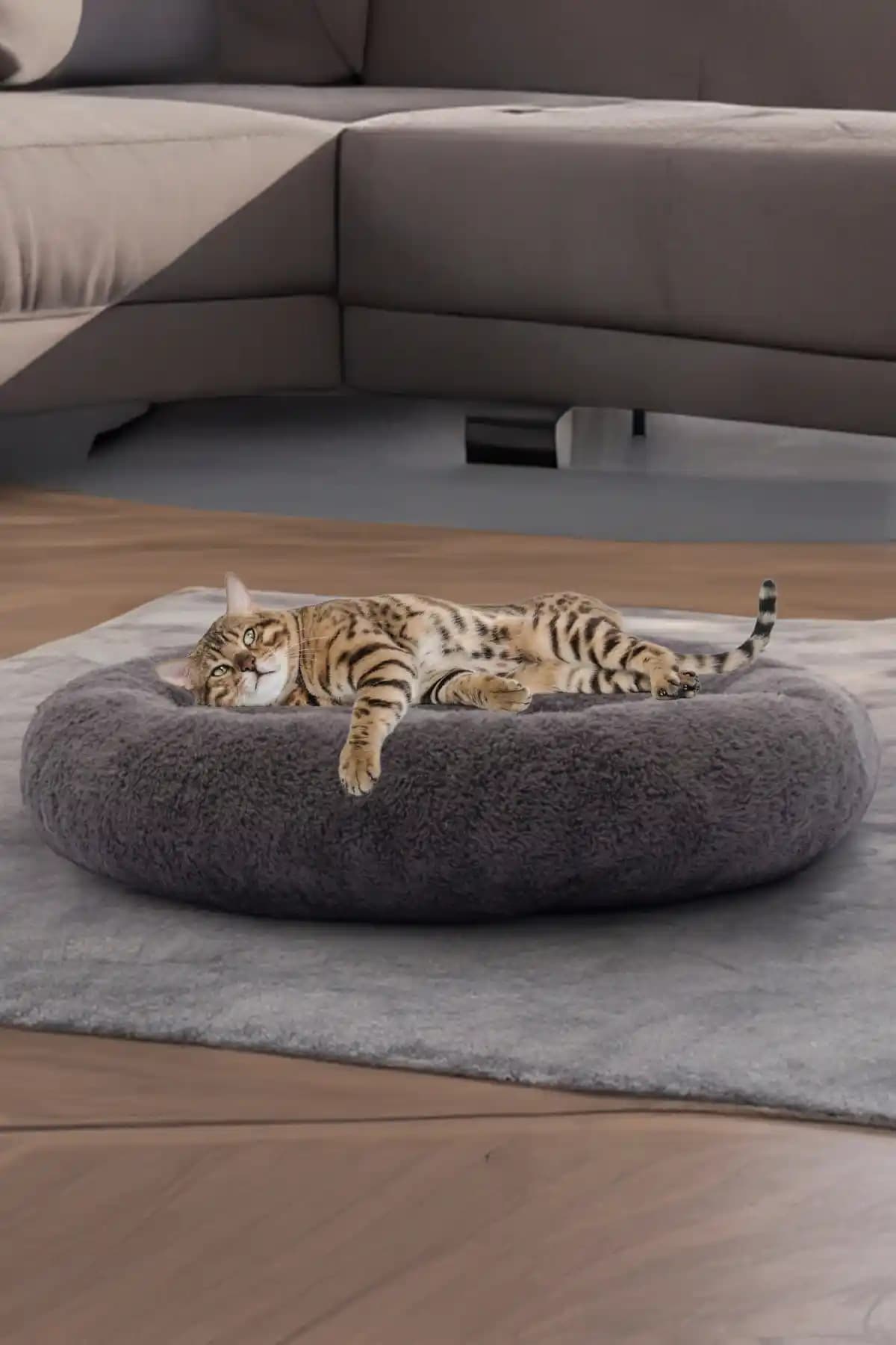 PUGALO Peluş Kedi ve Köpek Yatağı – Antrasit Renkli Simit Yatak Türkiye Üretimi, M/L/XL Boyutlar