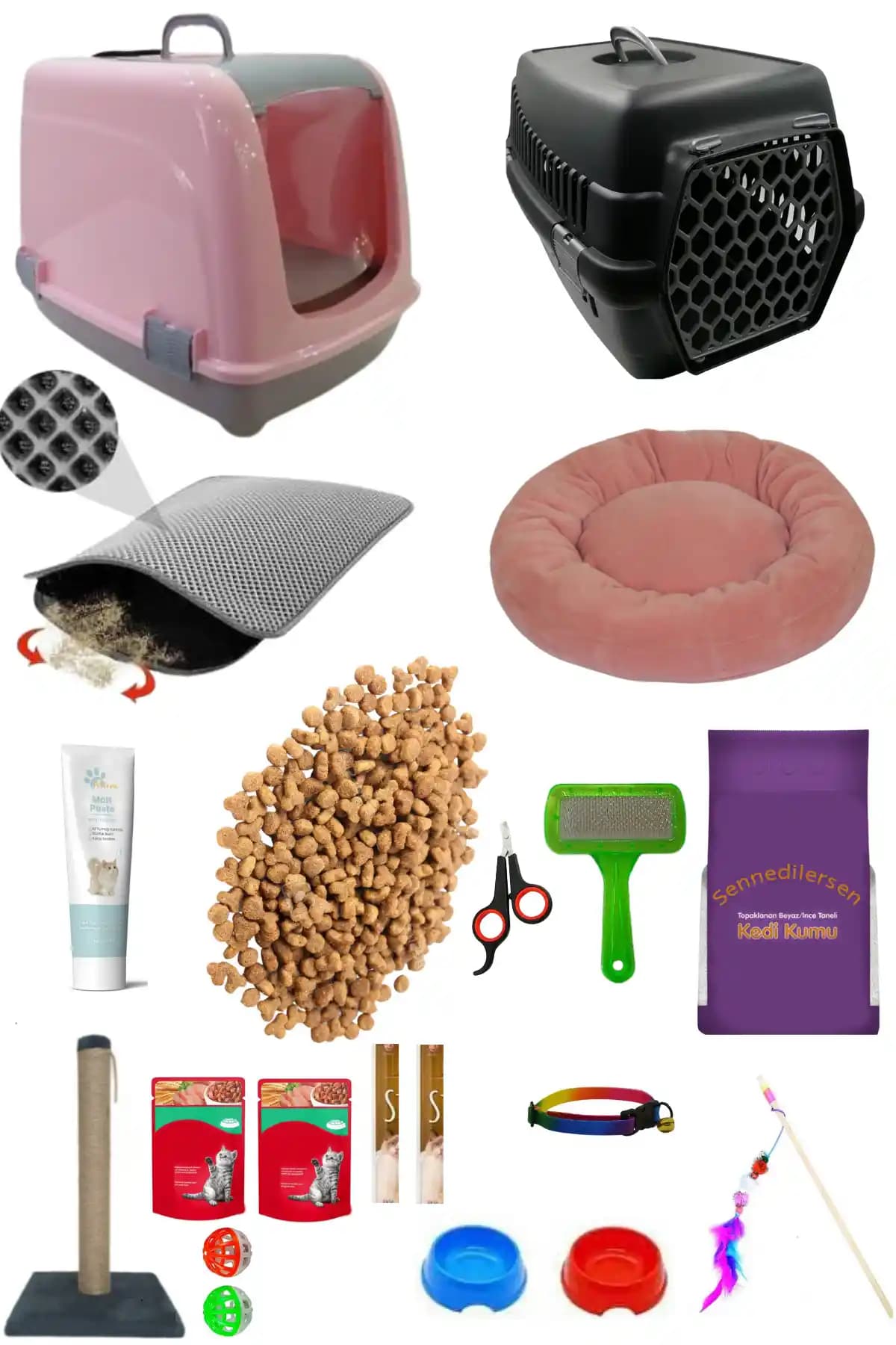 SENNEDİLERSEN 20 Parça Kedi Başlangıç Seti Pembe: Kapsamlı Evcil Hayvan Bakım Aksesuarları