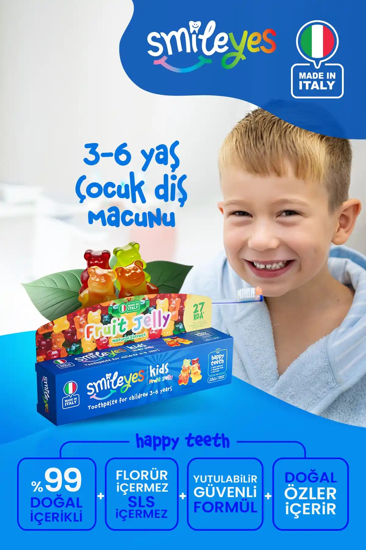 Smileyes Kids Florürsüz Çocuk Diş Macunu – Meyve Tadında 50 ml, 3-6 Yaş İçin
