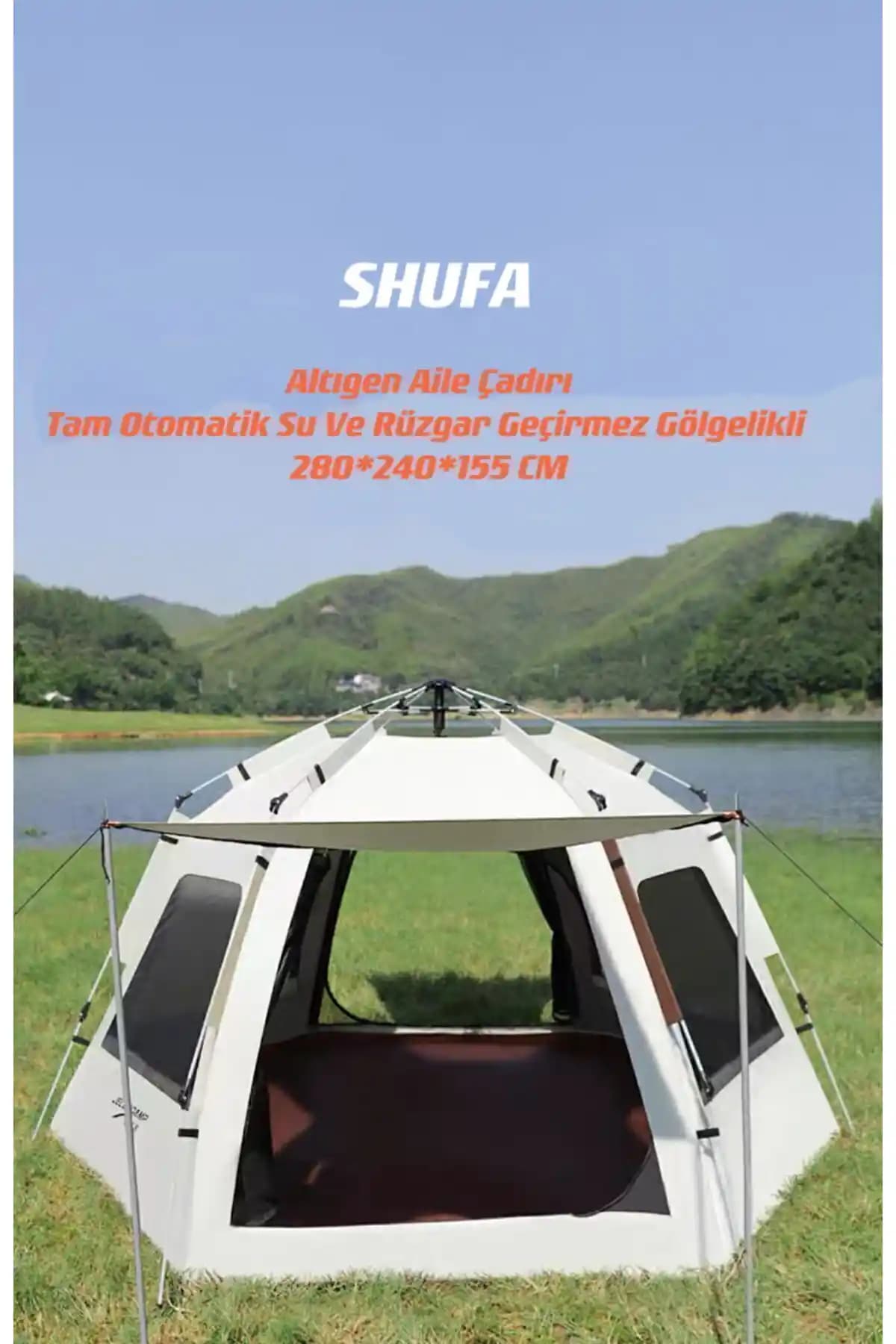 Tam Otomatik Su ve Rüzgar Dayanıklı Gölgelikli Altıgen Aile Çadırı: Hızlı Kurulum