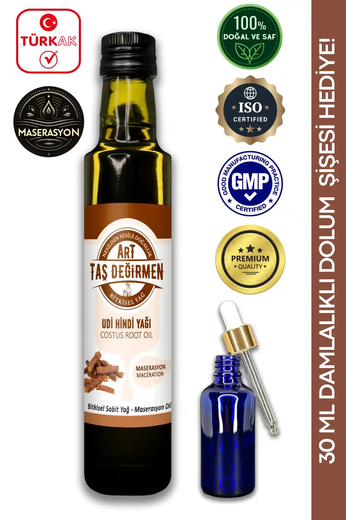 Taş Değirmen ile %100 Saf Doğal Udi Hindi Yağı, 250 ml Ana Şişe ve Hediyeli 30 ml Şişe