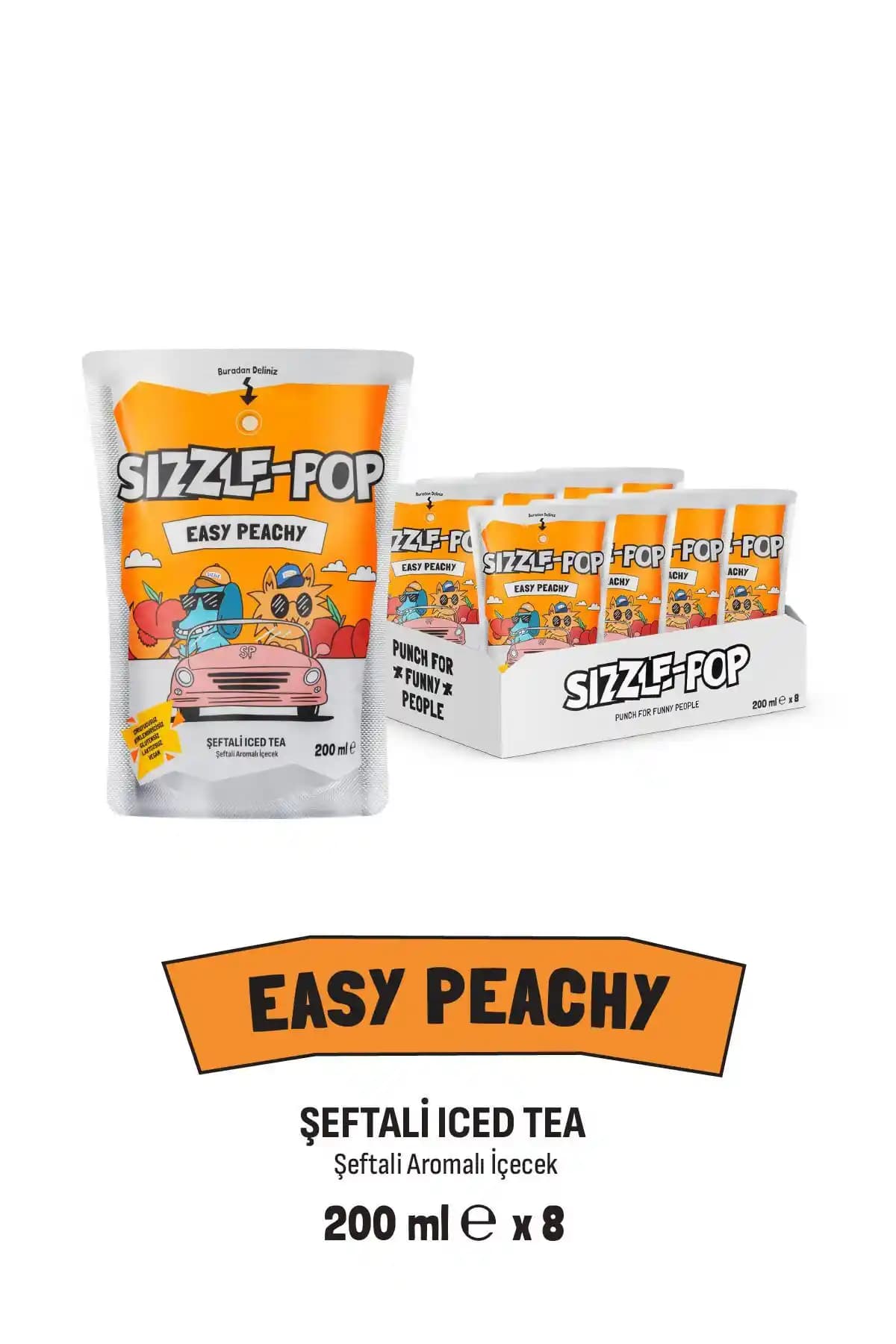 Türkiye Menşeli Sizzle-Pop Easy Peachy Şeftali Aromalı Soğuk Çay 200 ml × 8 Adet