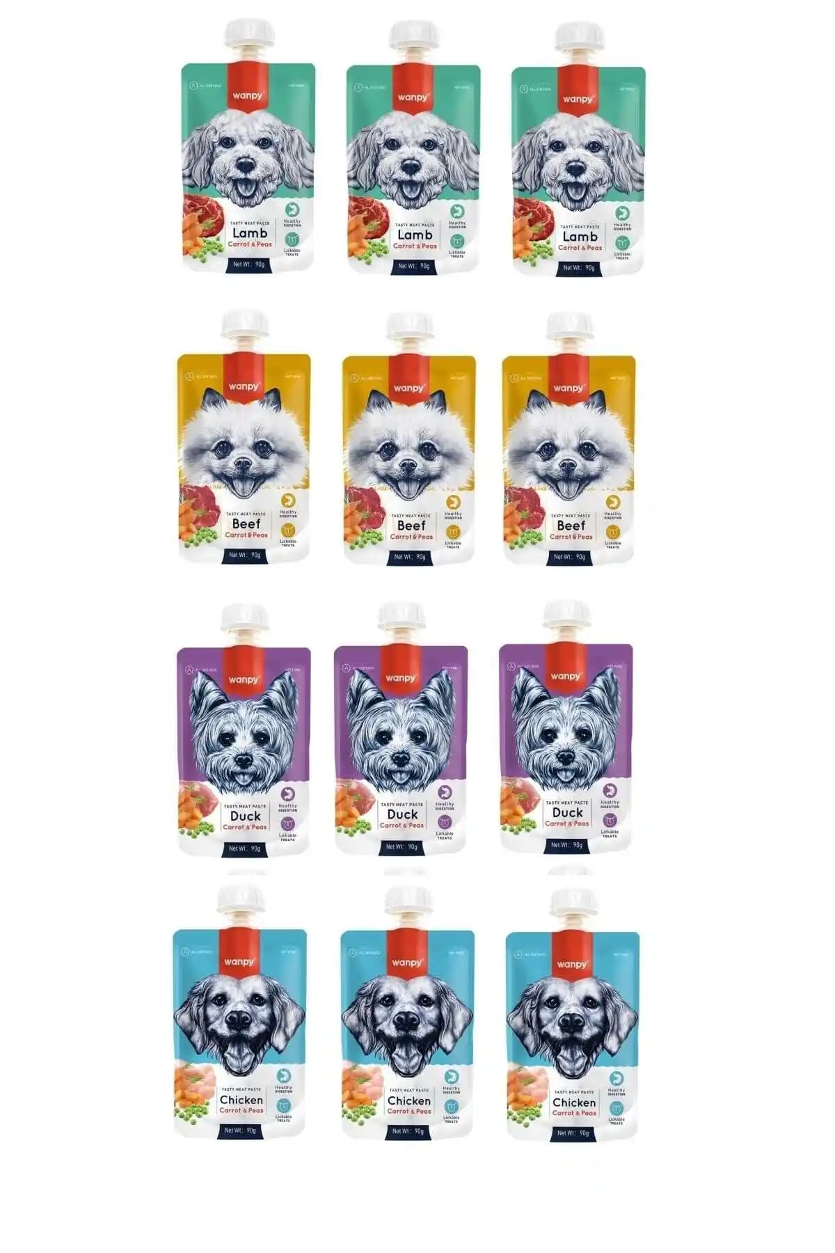 Wanpy Taze Köpek Et Ezmesi: Dört Çeşitli Sıvı Formda 12 Adet, 90 g Her Biri, Kuzu Kokulu Toplam 1.08 kg