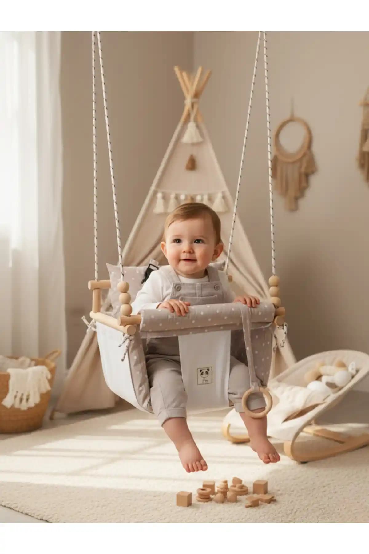 YHH Kids Swingee Emniyet Kemerli Bebek Salıncağı: Bej Noktalı Rahatlık ve Güvenli Uyku
