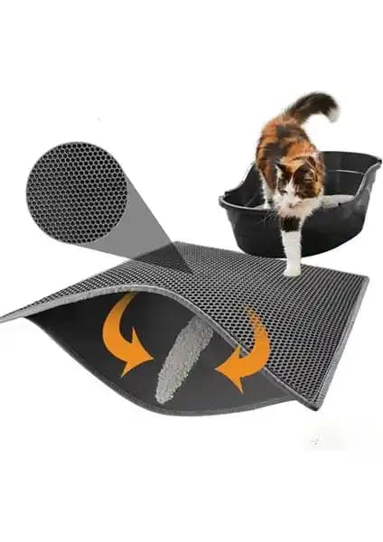 Yıl<dı>zhane Elekli Kedi Tuvalet Önü Paspası 60x45 cm - Gri, Çift Katmanlı, Yıkanabilir