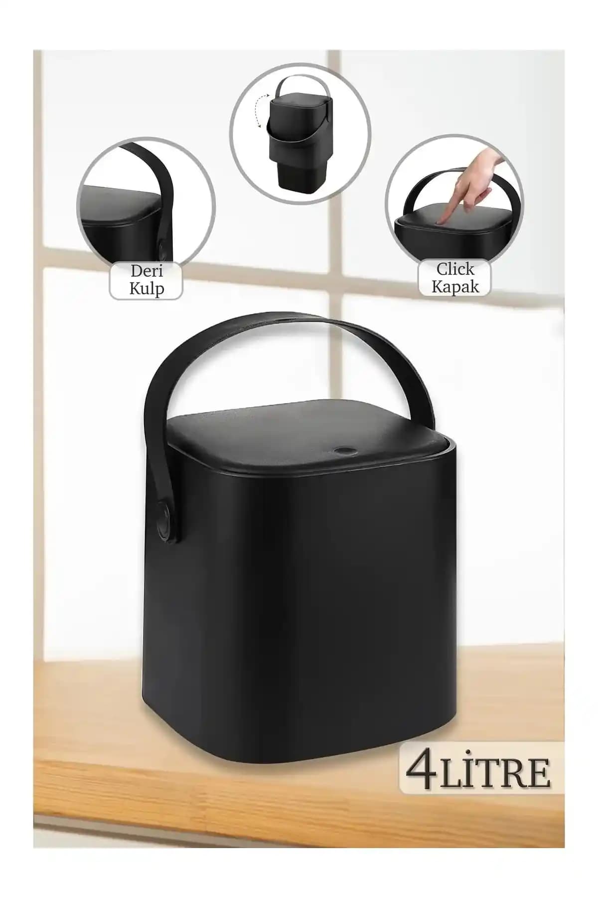 ALİNA HOME Yeni Nesil Akıllı Kapak Deri Kulplu Tezgah Üstü Mutfak Çöp Kovası 4 Litre