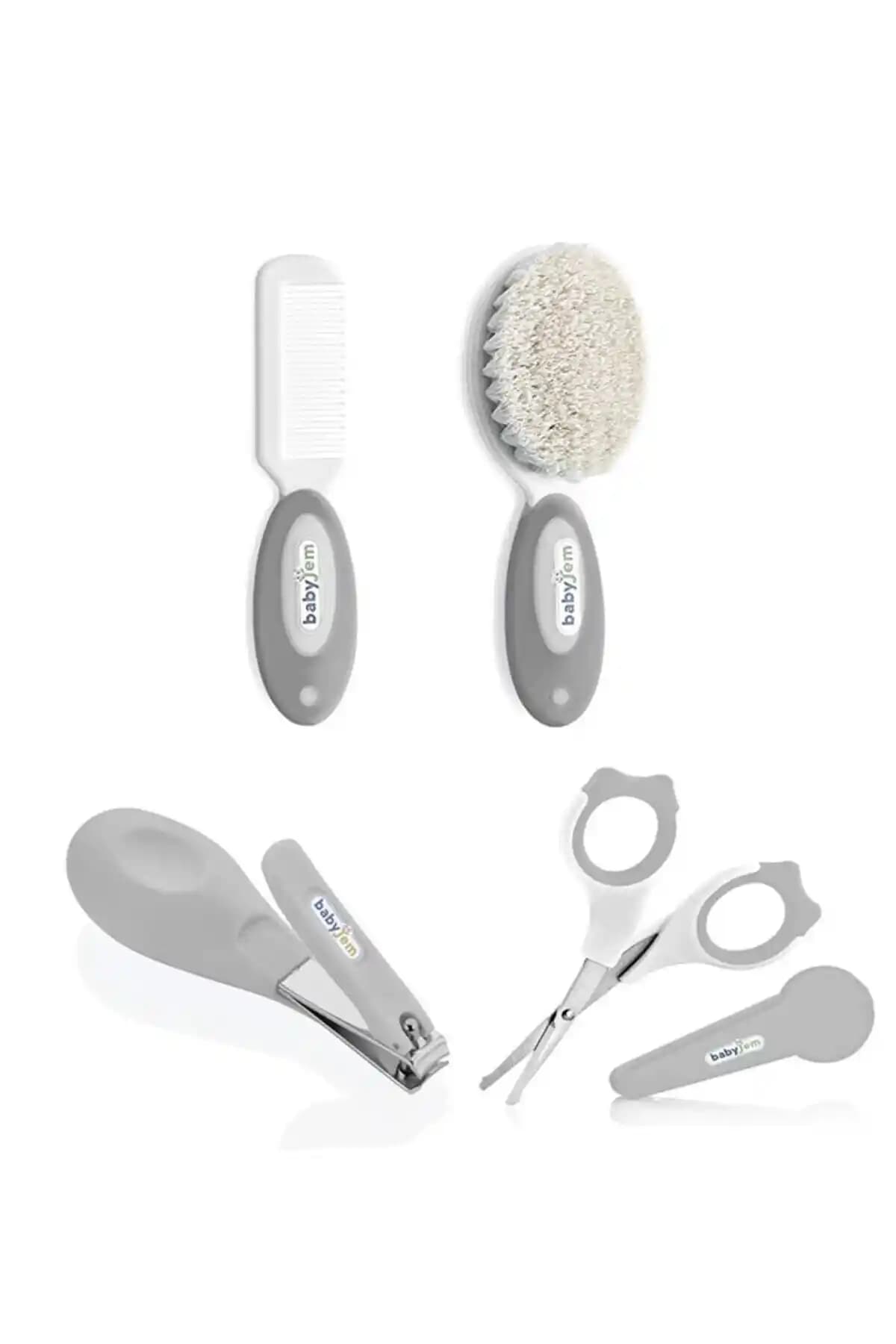 Babyjem 3'lü Bebek Bakım Seti: Fırça Tarak, Tırnak Makası ve Çıt Çıt (Gri)