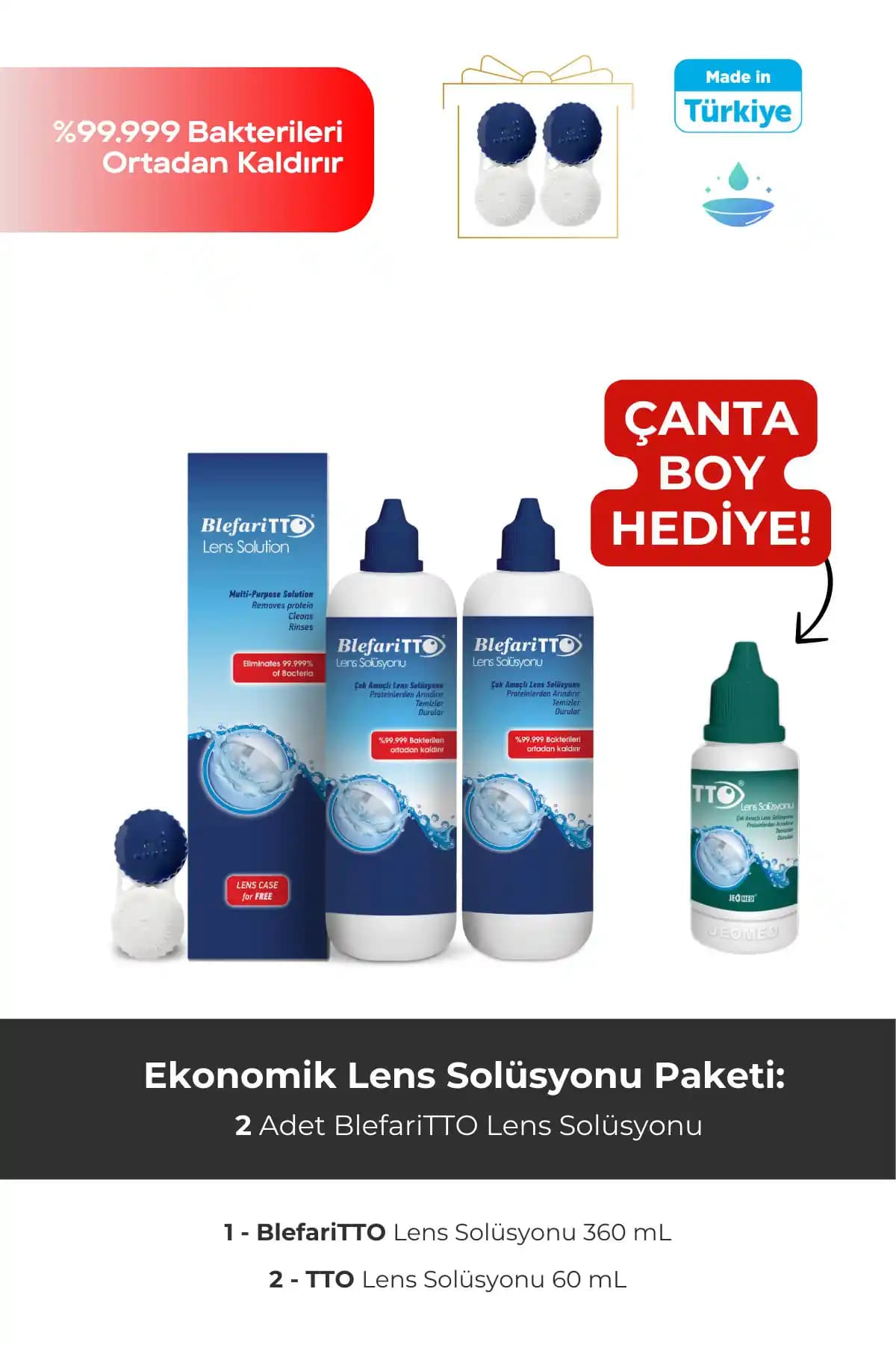 Blefaritto Seti: 2x360 ml Lens Solüsyonu ve 60 ml Çanta Hediyeli Pratik Bakım Seti