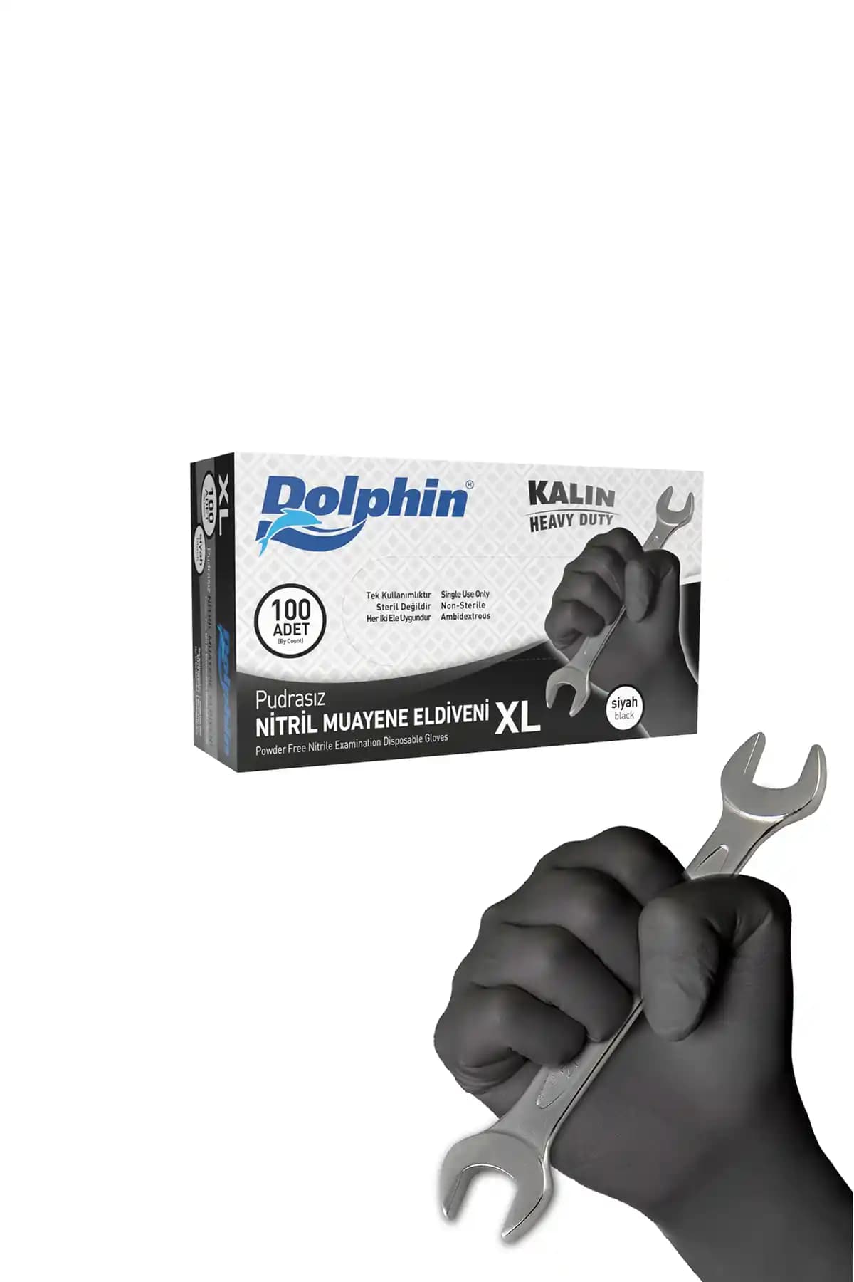 Dolphin Siyah Pudrasız Ekstra Kalın Nitril Eldiven XL Beden 100'lü Paket Özellikleri