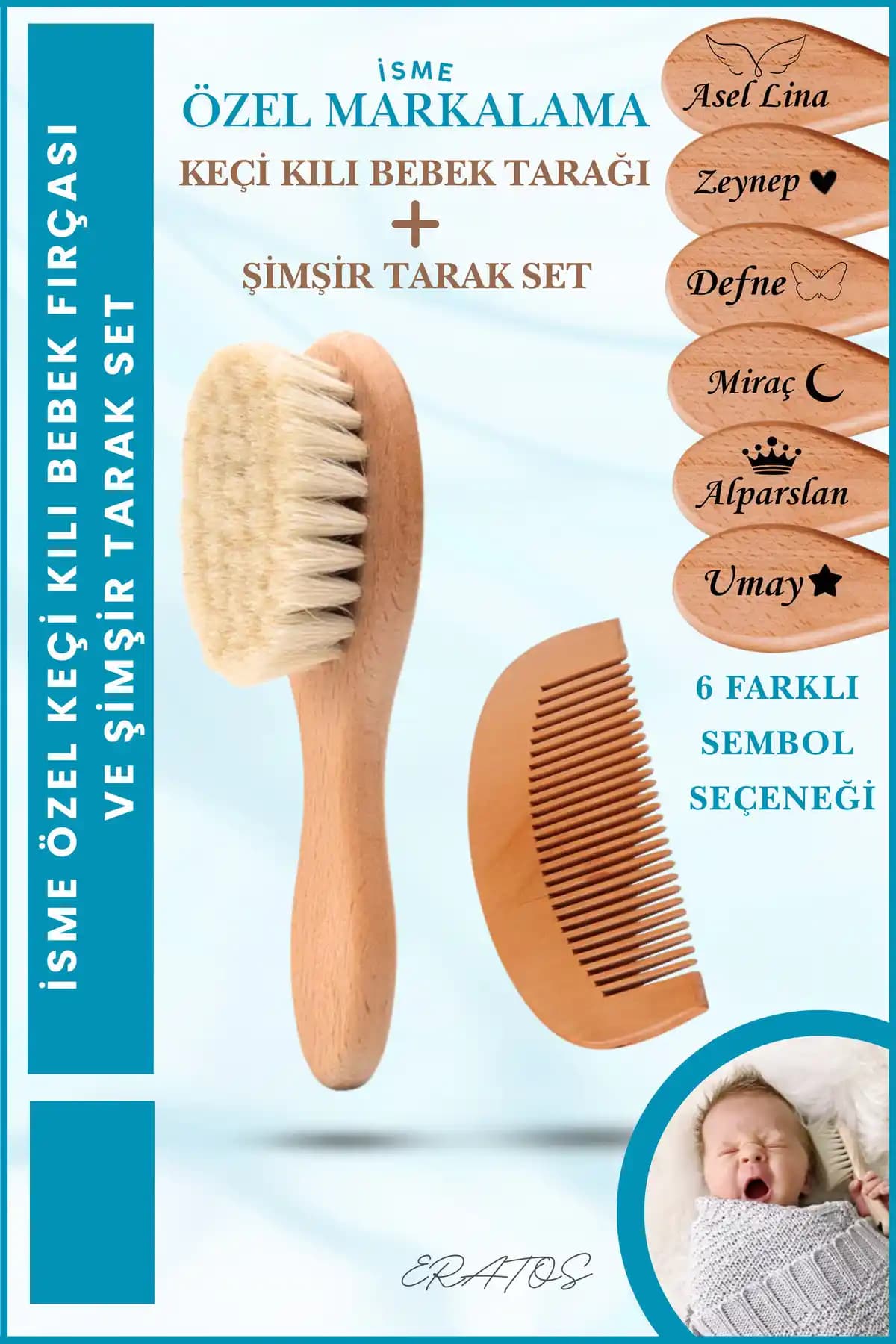 ERATOS Bebek Tarağı ve Şimşir Tarak 2'li Set – Kişiselleştirilebilir Doğal Keçi Kılı Fırça