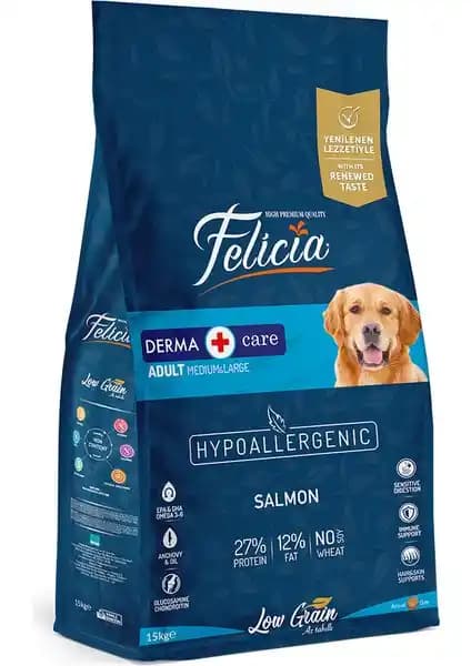 Felicia 15 Kg Somonlu Az Tahıllı Hipoalerjenik Mama Orta ve Büyük Irk Köpekler İçin