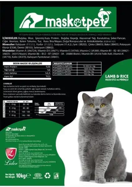 Maskot Enjoy Kuzu ve Pirinç Etli Yetişkin Kedi Maması – Dengeli Beslenme 10 kg