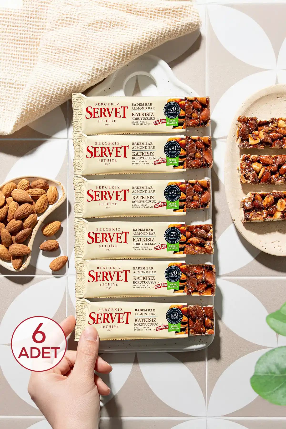 Şeker İlavesiz Badem Krokan Bar 120 g – 6x20 g, Hurma Suyu ile Doğal Tatlandırılmış