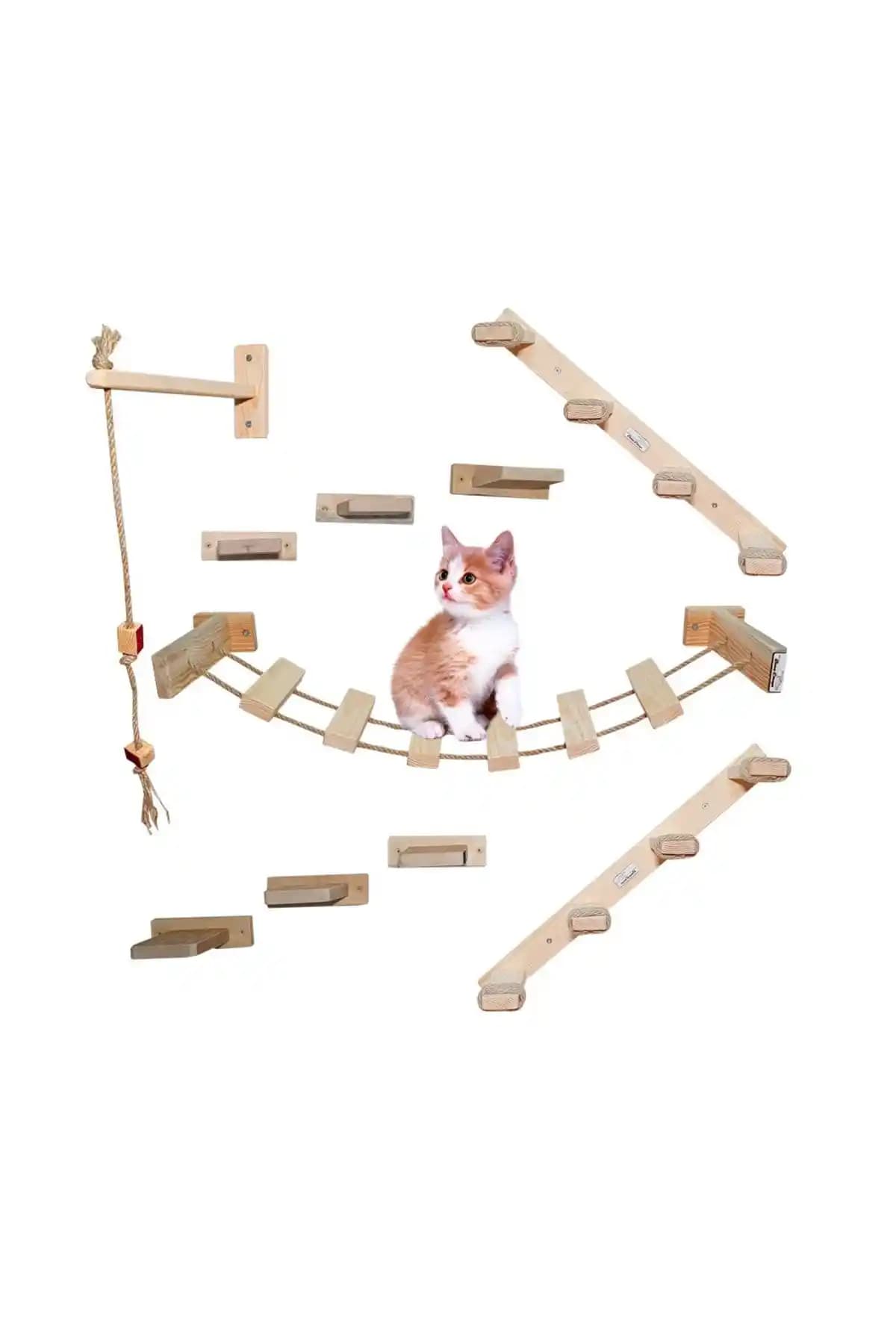 Doğal Ahşap Duvar Kedi Oyun Merdiveni Seti 10 Parça Güvenli ve Estetik Tasarım