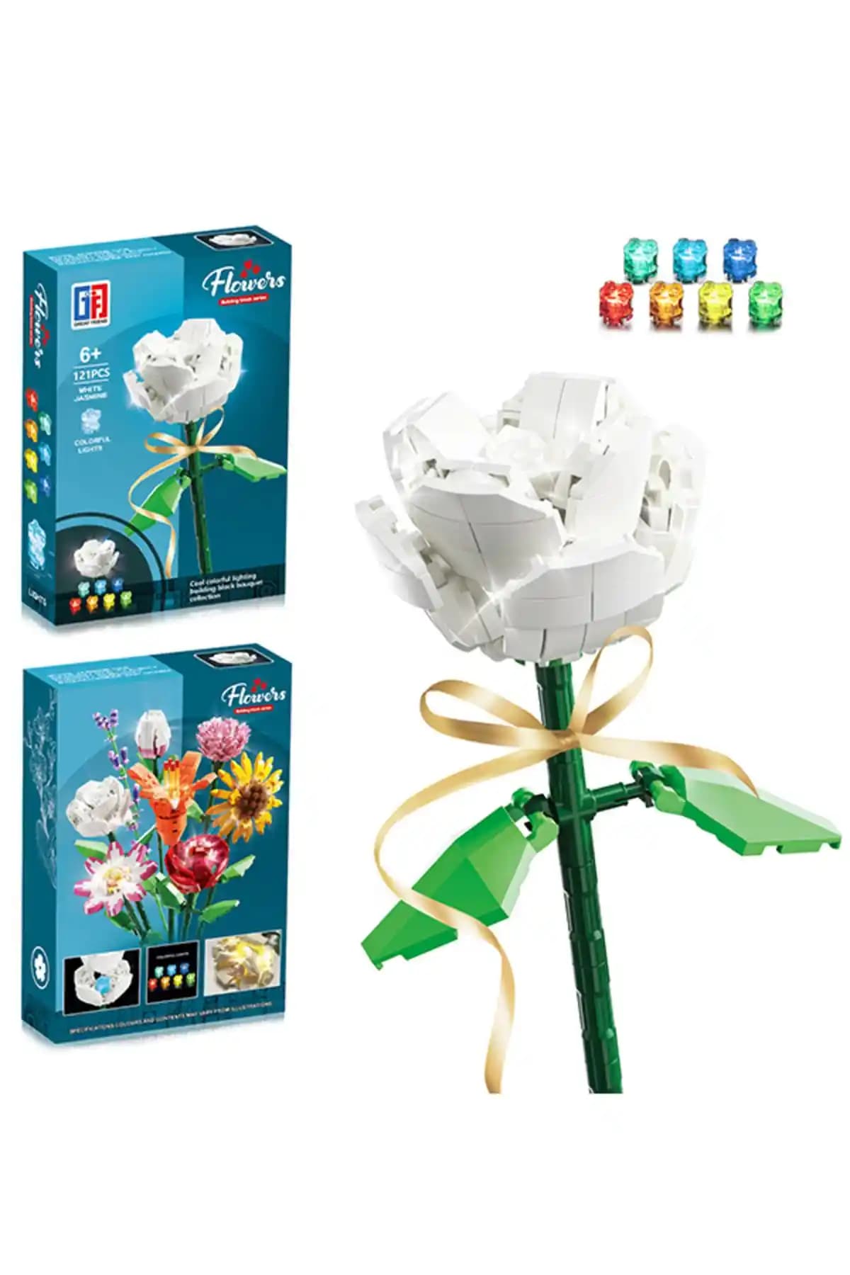 Gokidy Renkli Işıklı Blok Çiçek Beyaz Yasemin Dekoratif ve Hobi Ürünü