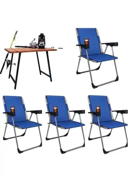Alin Metal 4'lü 140 Kg Kapasiteli Katlanabilir Lüks Kamp Sandalyesi ve Ahşap Masa Seti