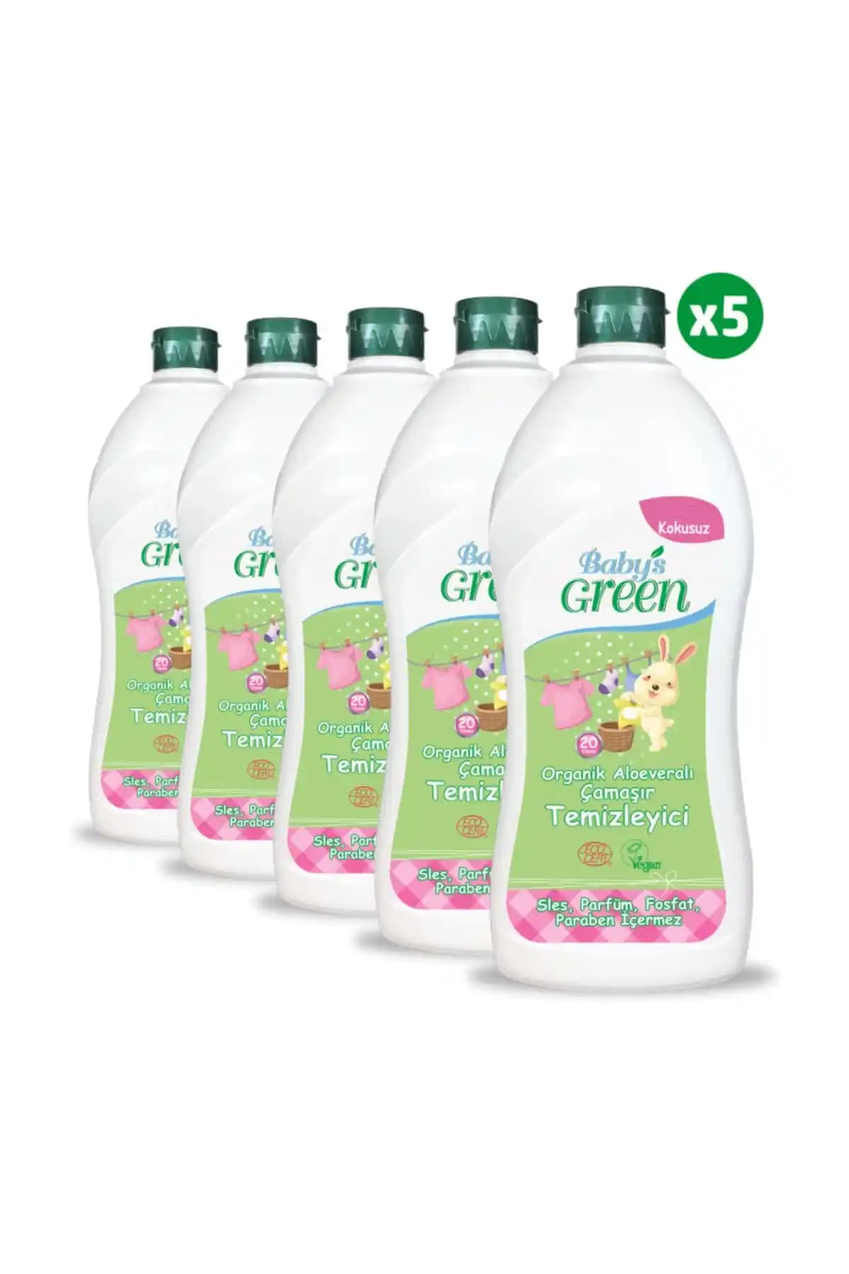 Baby's Green 5'li Set: Organik Aloe Vera İçeren Kokusuz Bebek Çamaşır Deterjanı 100 Yıkama