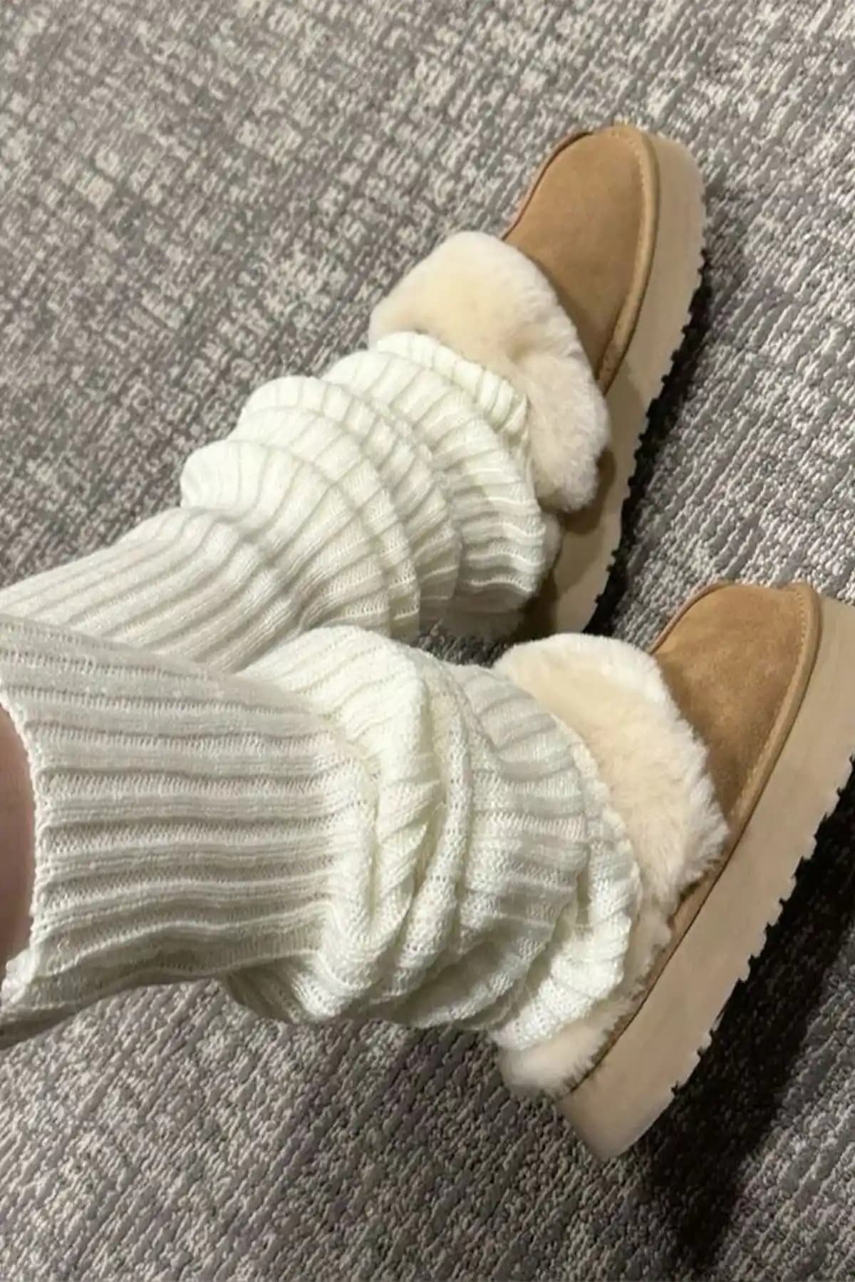 BAHELS Ekru %100 Akrilik Üst Kalite Triko Örgü Çorap Tozluk ile Şıklık ve Konfor