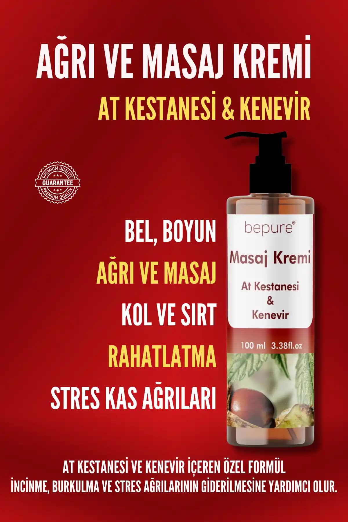 Bepure Ağrı ve Masaj Kremi: At Kestanesi ve Kenevir Özlü Doğal Ağrı Hafifletici