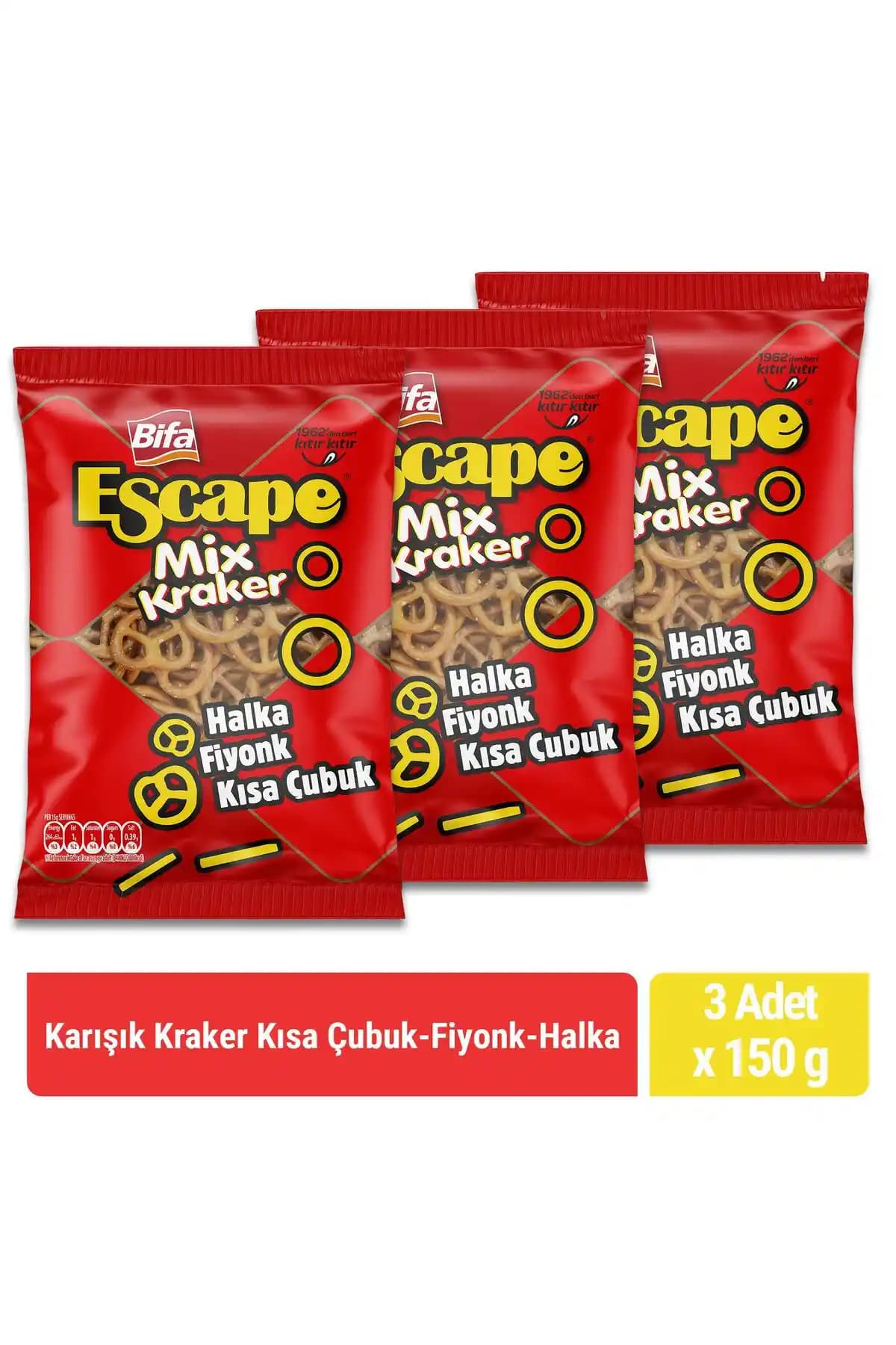 Bifa Escape Mix Kraker Kısa Çubuk, Fiyonk ve Halka 150 gr x 3 Adet - Dengeli Atıştırmalık