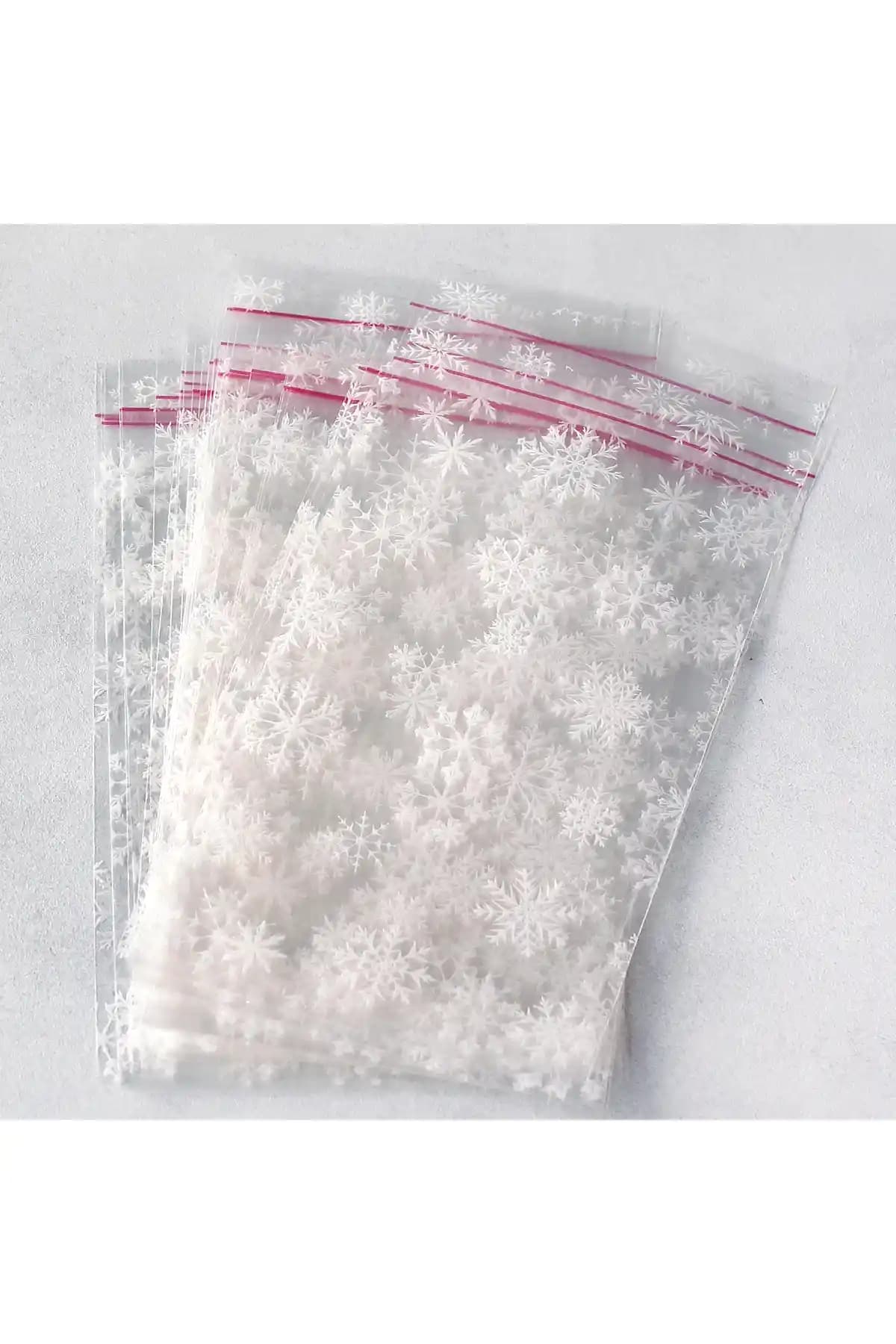 Bimotif Kar Desenli Bantlı Şeffaf Poşet 10x20 Cm 100 Adet - Küçük Boy Ambalaj Çözümü