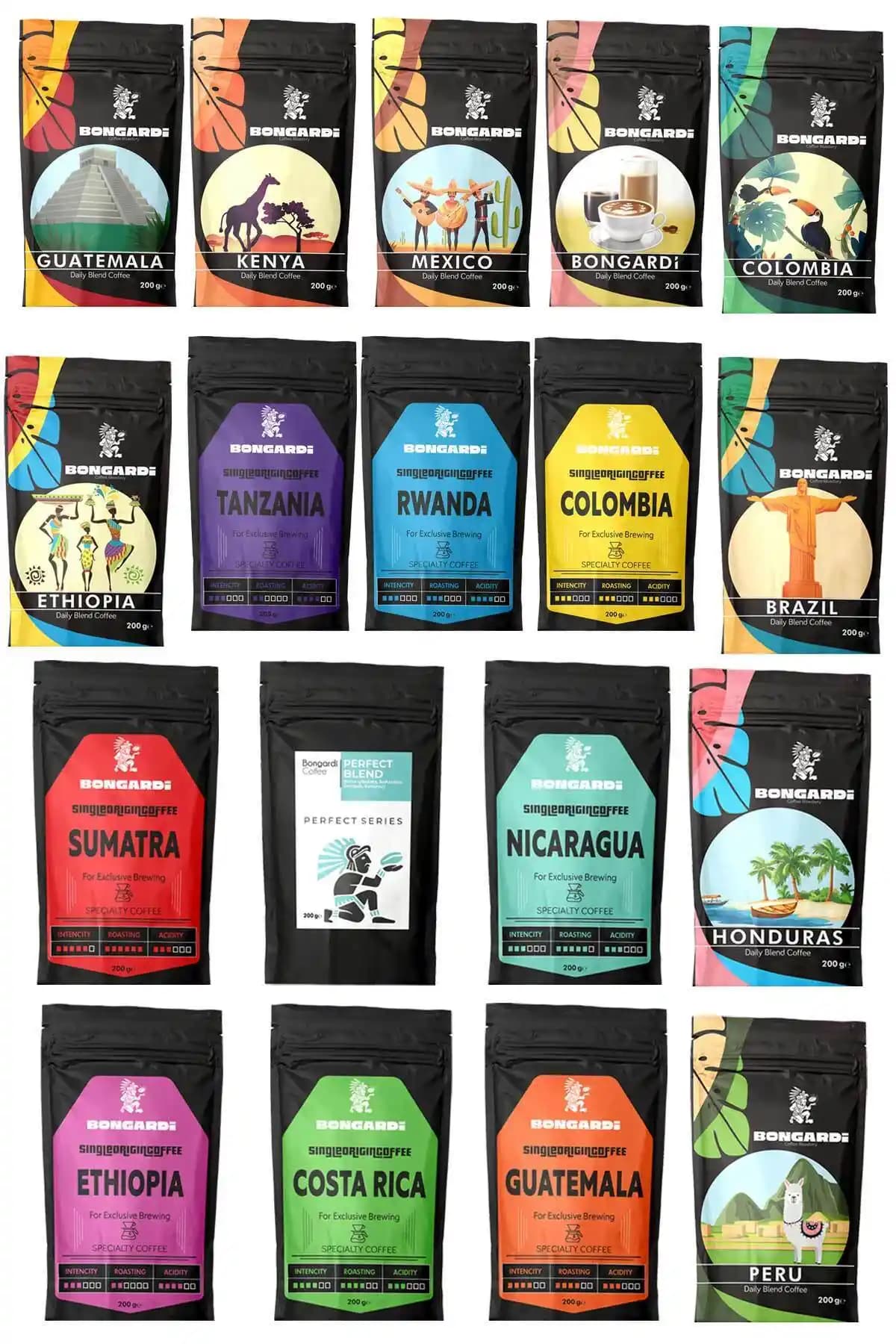 Bongardi Coffee 18x200g Kahve Seti: Yöresel Blend ve Single Orjin Kahve Çeşitleri