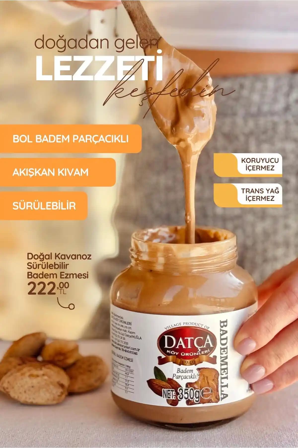 Datça Köy Ürünleri 1949 Bademella Badem Parçacıklı Badem Ezmesi 350 Gr - Doğal ve Katkısız
