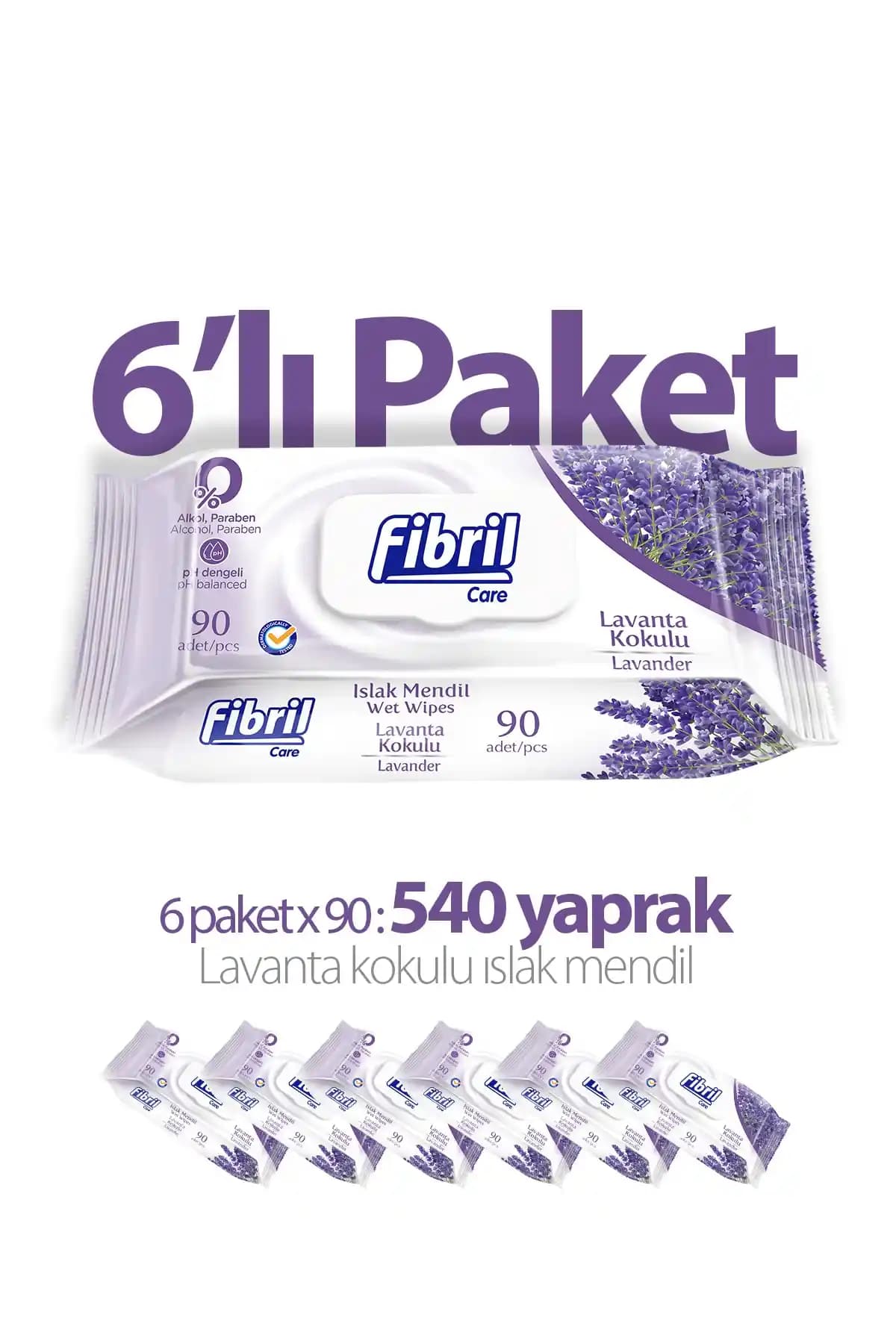 Fibril Lavanta Kokulu Islak Mendil 6x90'lı Paket 540 Yapraklı Cilt Dostu Temizlik
