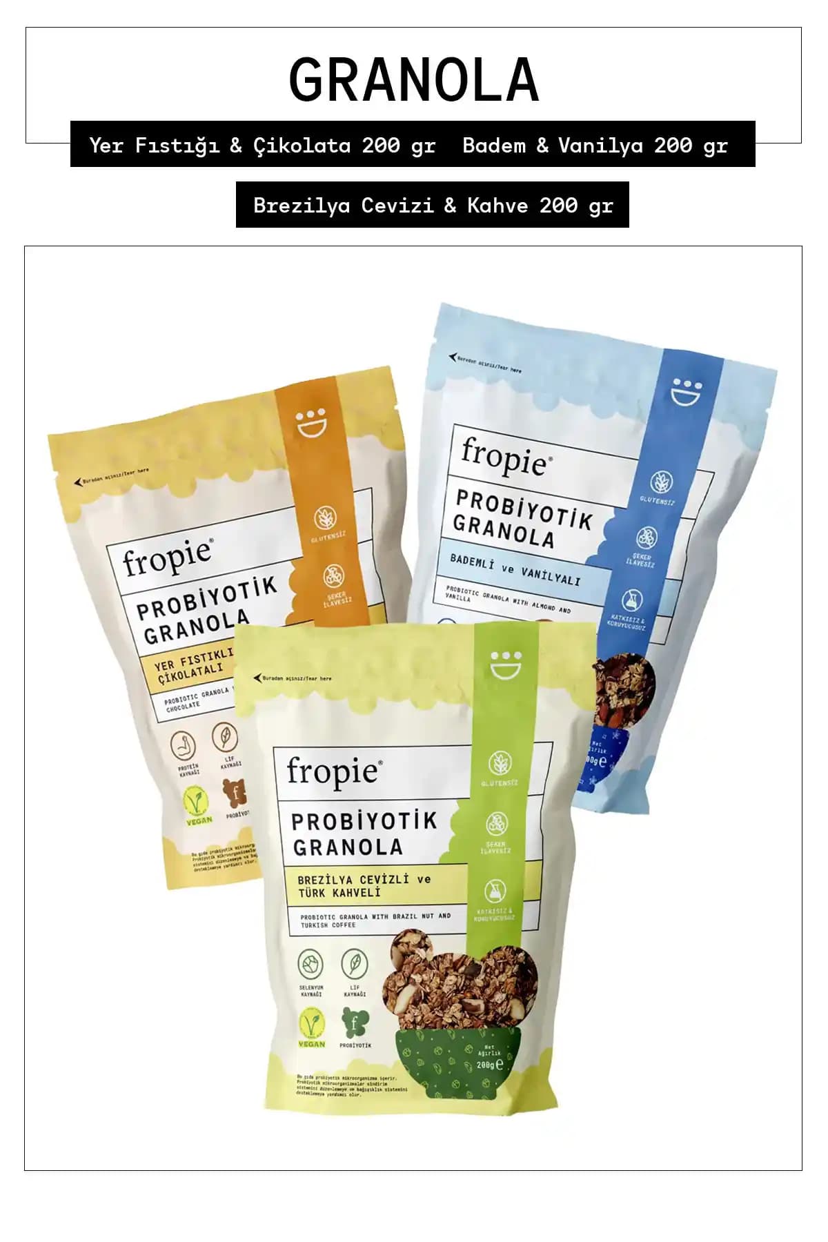 FROPİE Probiyotik Granola Tanışma Paketi 3x200gr: Doğal ve Sağlıklı Atıştırmalık Seçeneği