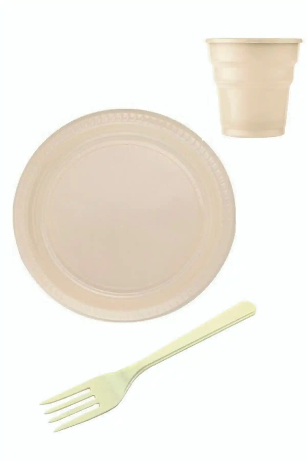 Genel Markalar Krem Renk Tek Kullanımlık Tabak Bardak Çatal Seti 25 Kişilik Plastik Parti Seti