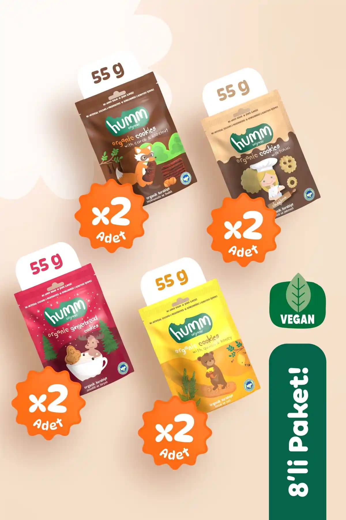 Humm Organic Organik Tatlı Kurabiye Paketi - 4 Çeşit, 8 Adet Sağlıklı Atıştırmalık