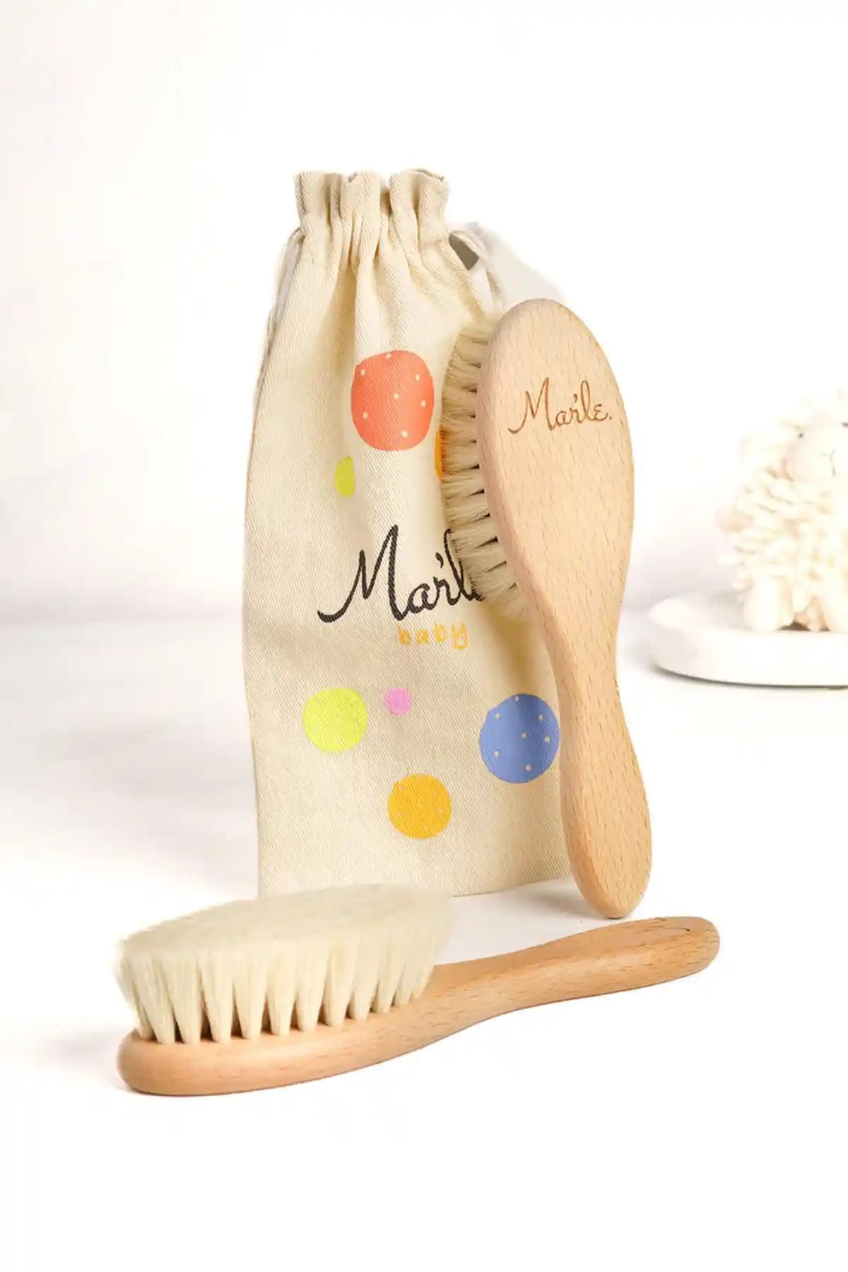 Mar’le %100 Doğal Keçi Kılı Bebek Saç Fırçası Yenidoğanlar İçin Nazik Bakım