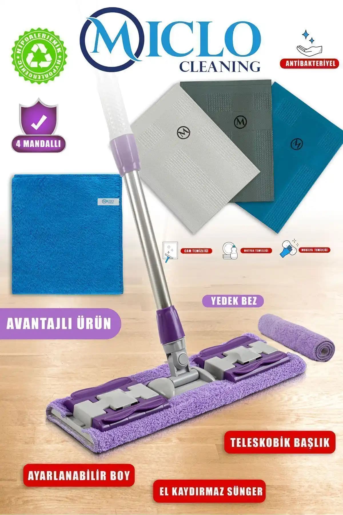 MICLO CLEANING Mandallı Mop 3'lü Bez Yer Bezi Seti ile Pratik ve Etkili Temizlik