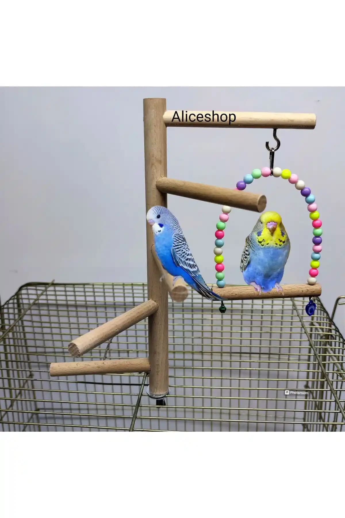 Muhabbet Kuşları İçin Kafes Üstü Salıncaklı Tünek - Doğal Ahşap ve Fonksiyonel Tasarım