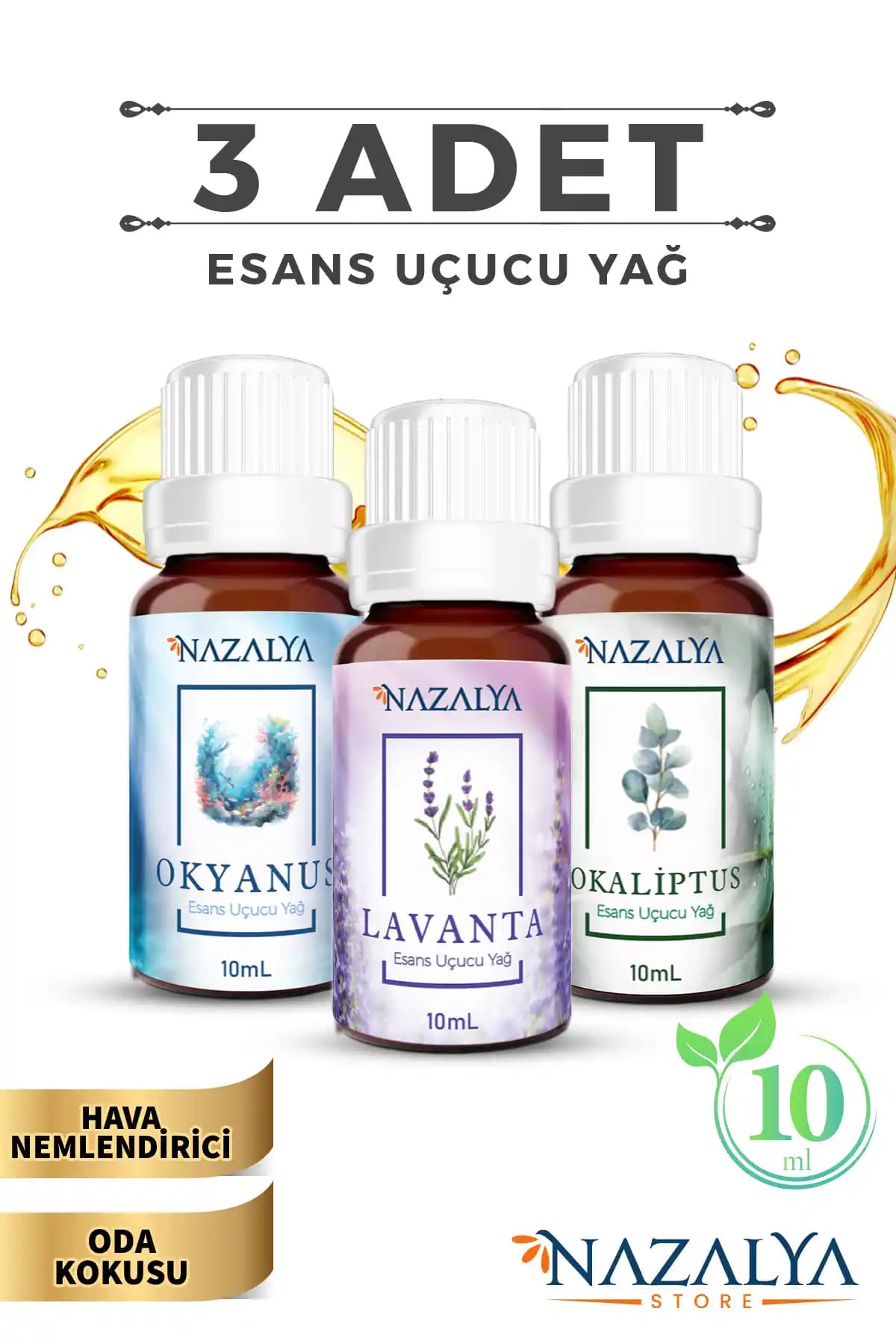 Nazalya Uçucu Oda Koku Yağı Seti 3'lü Lavanta, Okaliptus ve Okyanus Aromaları 10 ml