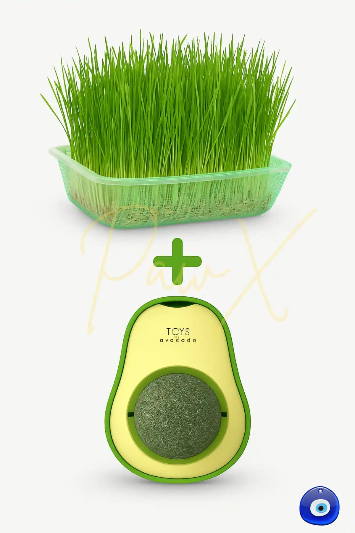 PAPYONPETSHOP Doğal Fileli Kedi Çimi ve Avokado Catnip Oyuncağı Seti