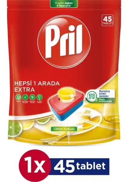 Pril Hepsi Bir Arada Extra 45 Yıkama Bulaşık Makinesi Deterjanı Tableti Etkili Temizlik