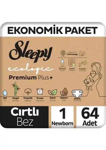 Sleepy Ecologic Premium Plus Yenidoğan Bebek Bezi 1 Numara 64 Adet Ekonomik Paket