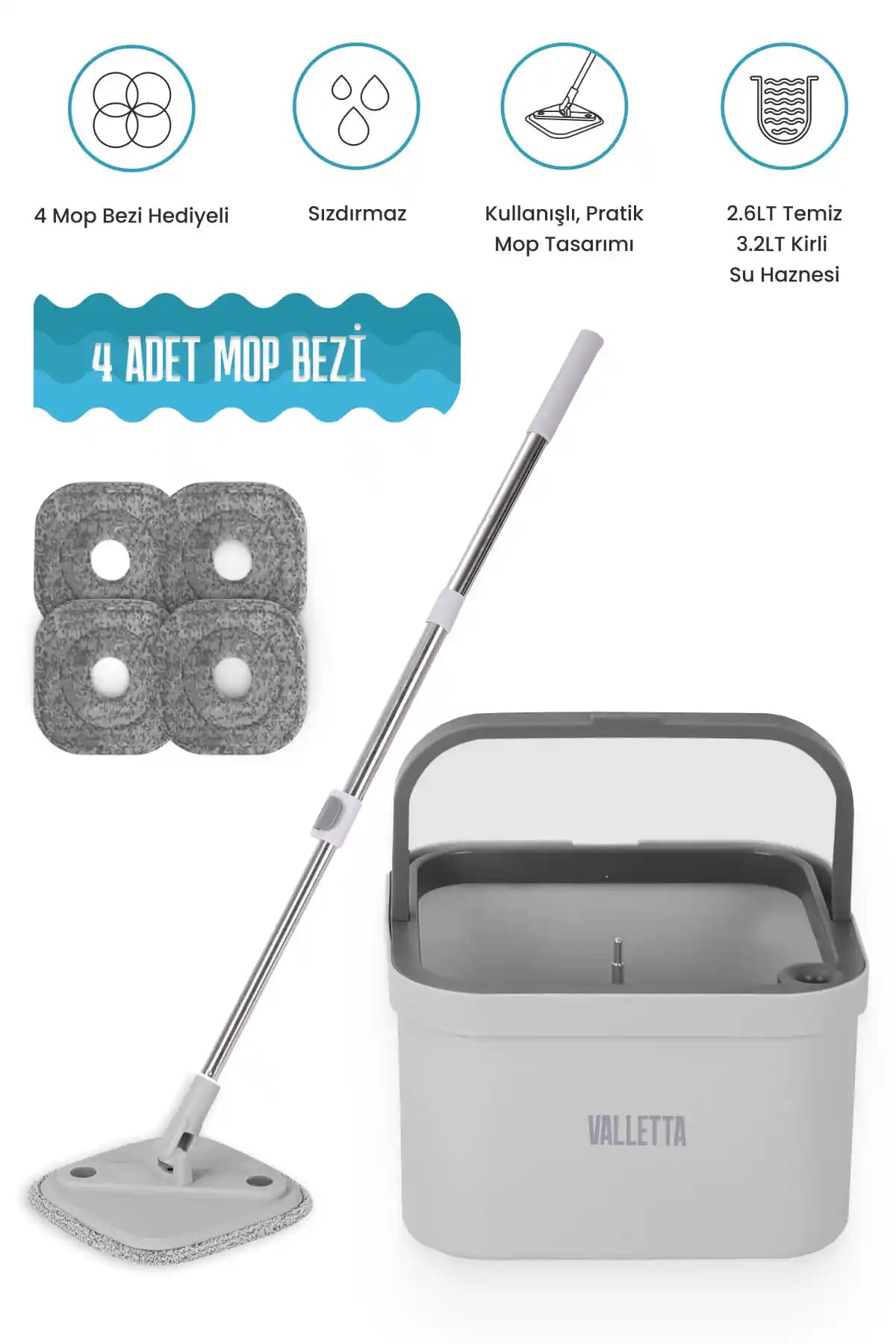 Valletta Lamonica 4 Mop Bezli Otomatik Temiz ve Kirli Suyu Ayıran Temizlik Seti